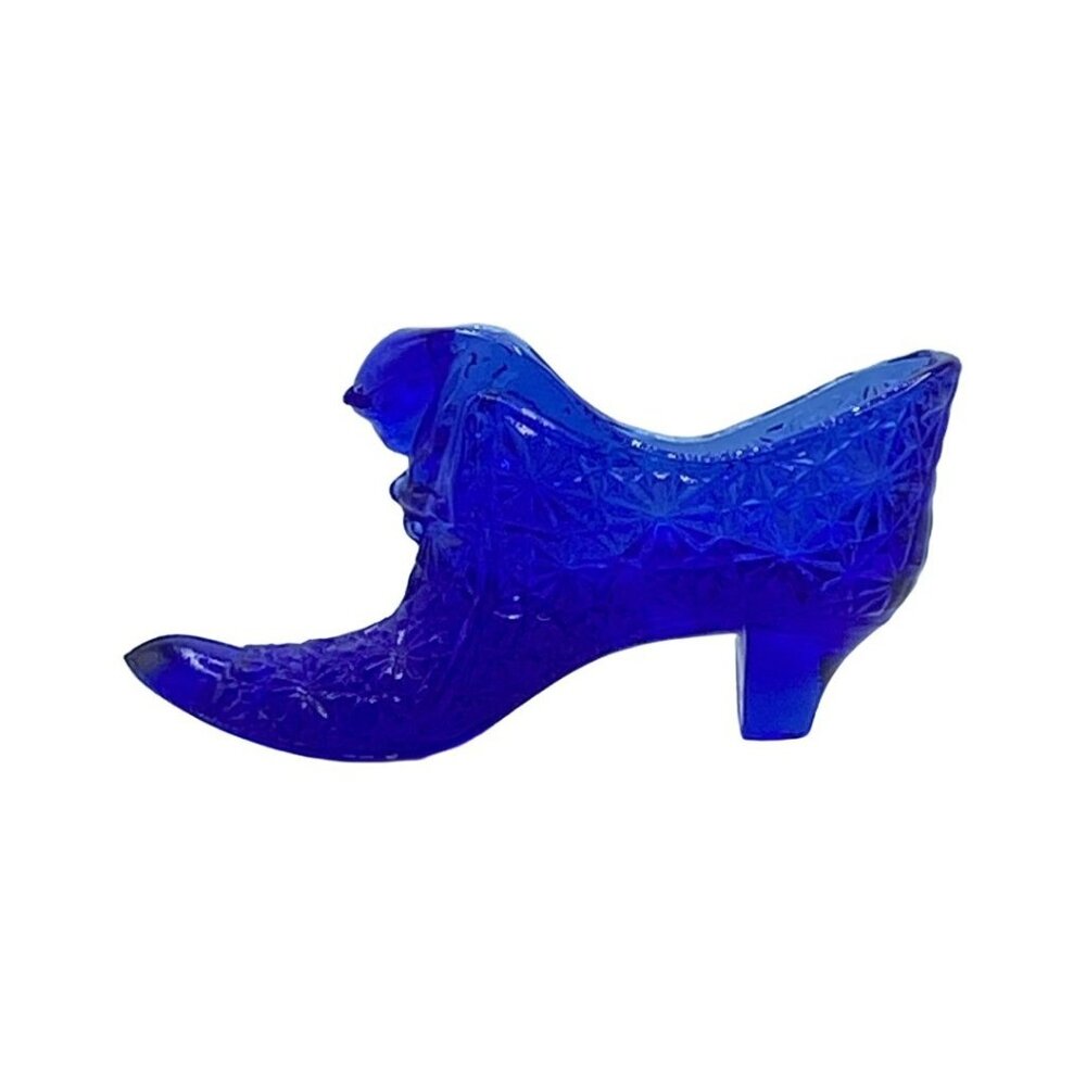 Vintage Fenton Cat Head Bow Daisy & Button Deep Cobalt Blue Glass Shoe Art Glass